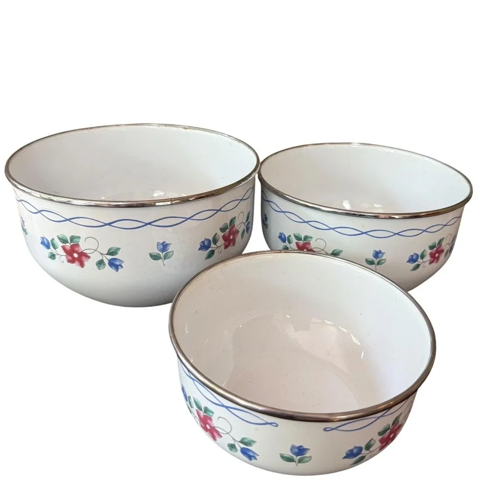Vintage Enamel Nesting Bowls Set of 3 | Blue Floral Swag | Farmhouse Cottagecore